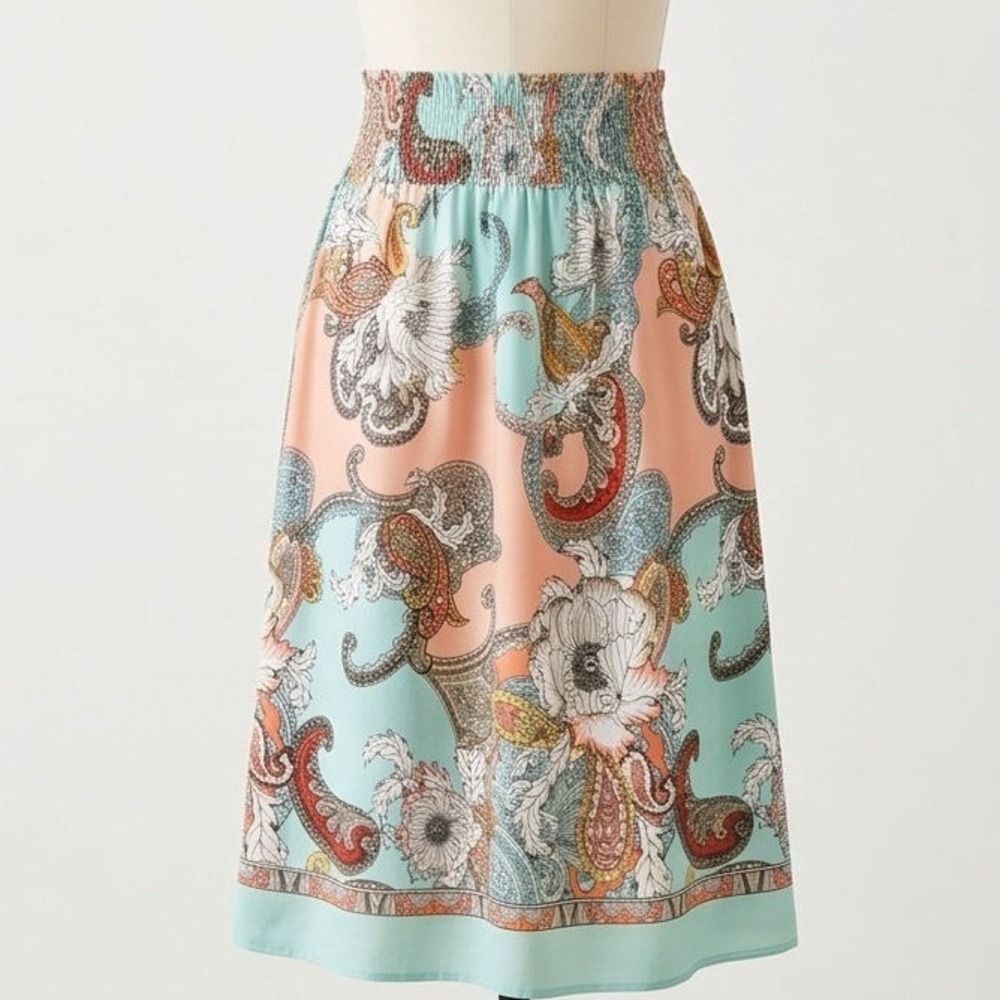 Melissa‎ Paige Womens XL Paisley Floral Smocked Waist Midi Skirt Pastel Multi